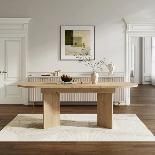 KOMHTOM Uitschuifbare Eettafel - Tafel met Afgeronde Hoeken - 140/180 x 90 cm - Verdikt Tafelblad - Eenvoudige Stijl - Eikenkleur - Geschikt voor 6-8 Personen