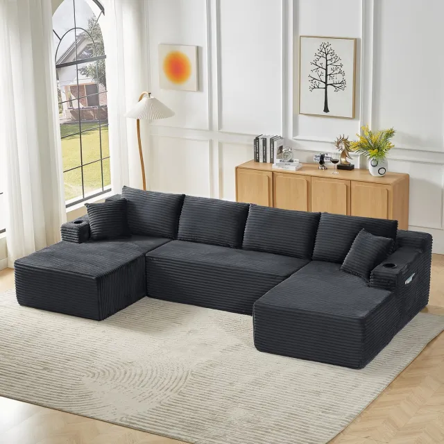 MODENUIT U-Bank 339 cm - Modulaire 6-Zits Met Diepe Zit - Voor Woonkamer - Ribfluweel - Donkergrijs