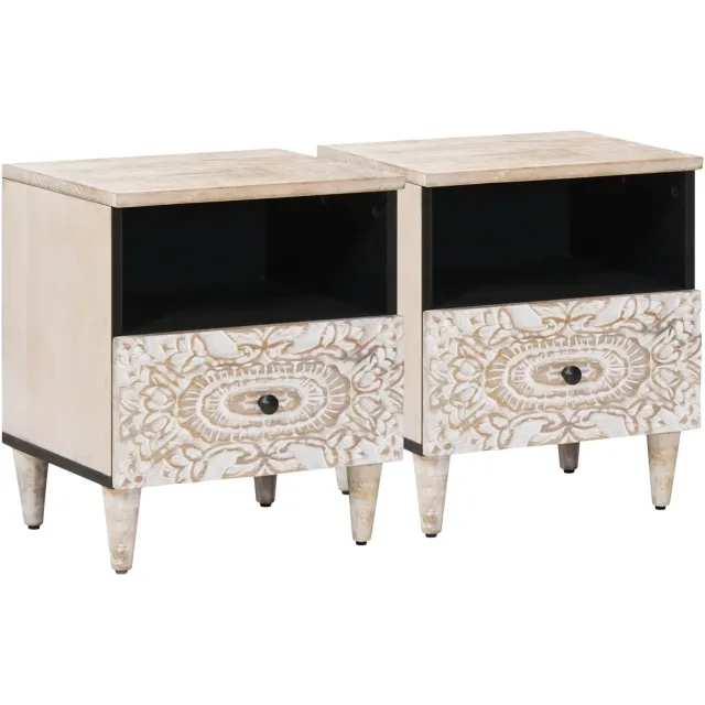 vidaXL Bed kast 2 st Wit 40 x 33 x 46 cm Massief Mango Hout