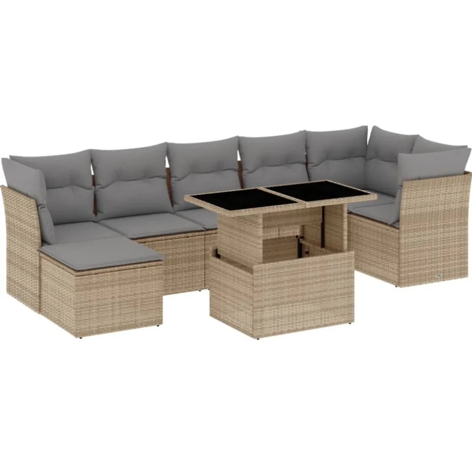 vidaXL 8-delige Loungeset met kussens poly rattan beige