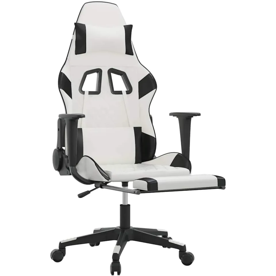 vidaXL Massage gamestoel met voetensteun kunstleer wit en zwart, foto 3