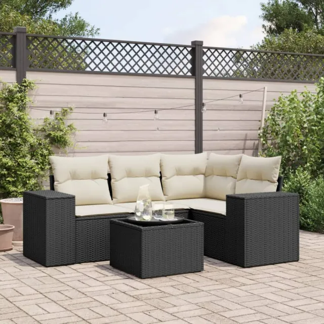 vidaXL 5-delige Loungeset met kussens poly rattan zwart, foto 2
