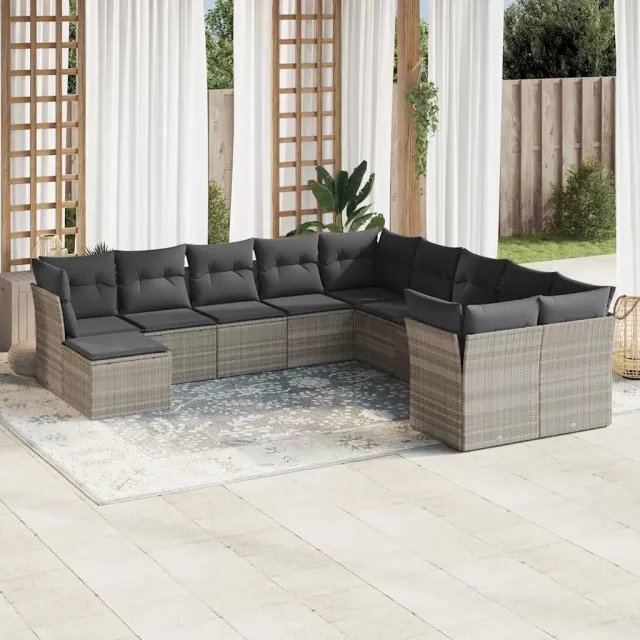 vidaXL 11-delige Loungeset met kussens poly rattan lichtgrijs grijs