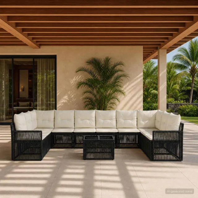 vidaXL Tuinbankenset 11 st 10-zits Zwart en Cream Wit poly rattan, foto 2