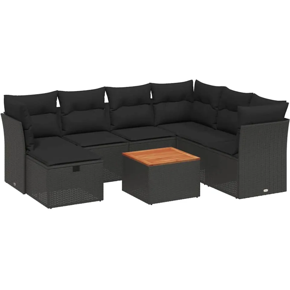 vidaXL 8-delige Loungeset met kussens poly rattan zwart