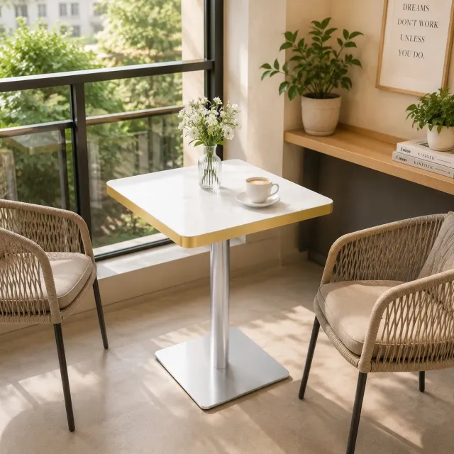 MODENUIT Eettafel - Vierkant 60x60 Cm - Marmorlook Met Gouden Rand - Voor Kleine Ruimtes - MDF En Metaal - Wit