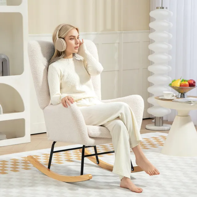 HAUSS SPOLE Schommelstoel - Relaxfauteuil Met Armleuningen En Lendenkussen - Voor Woonkamer En Slaapkamer - Teddy Stoflook - Crèmewit
