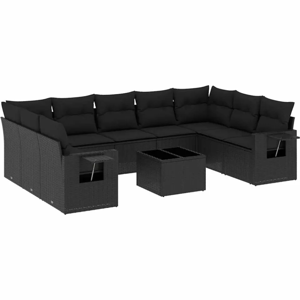 vidaXL 10-delige Loungeset met kussens poly rattan zwart, foto 3