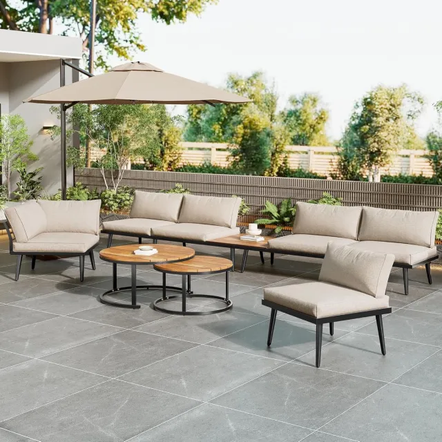 Laura Outdoor loungeset 2x 2-zitsbank + 2x 1-zitsbank + 2x tafels 160x64x75 cm – Modulaire tuinset met acaciahouten tafelbladen, waterbestendige kussens en stevig verzinkt ijzeren frame – Beige Houtkleur – Laura