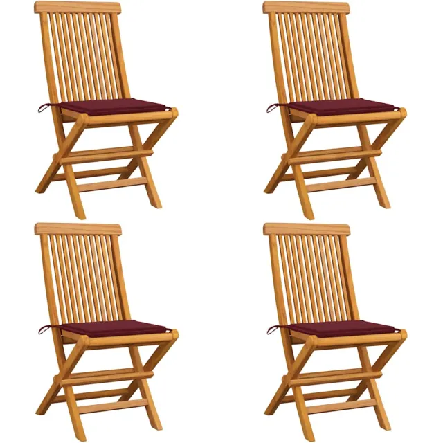 vidaXL Klapstoelen met wijnrode kussens, 4 stuks, massief teakhout Rood