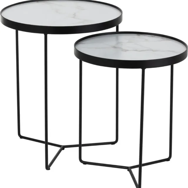 Dulaire Bijzettafel Rond Marmer Zwart set van 2 wit