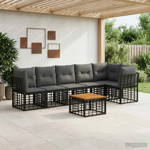 vidaXL Tuinbankenset 7 st Zwart en Donkergrijs poly rattan, foto 2
