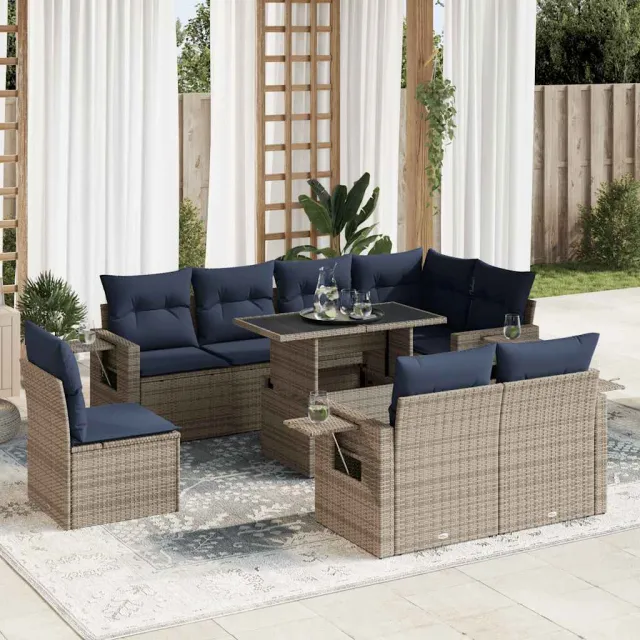 vidaXL 9-delige Loungeset met kussens poly rattan grijs, foto 2