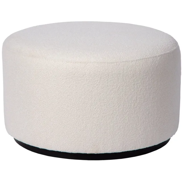 Atmooz Ritz poef rond – Ø60 × H35 cm – bouclé Alpine Ivory – ronde zitpoef – poef woonkamer – luxe ottoman met zwarte houten basis – zachte bouclé poef wit – moderne ronde poef MY:77