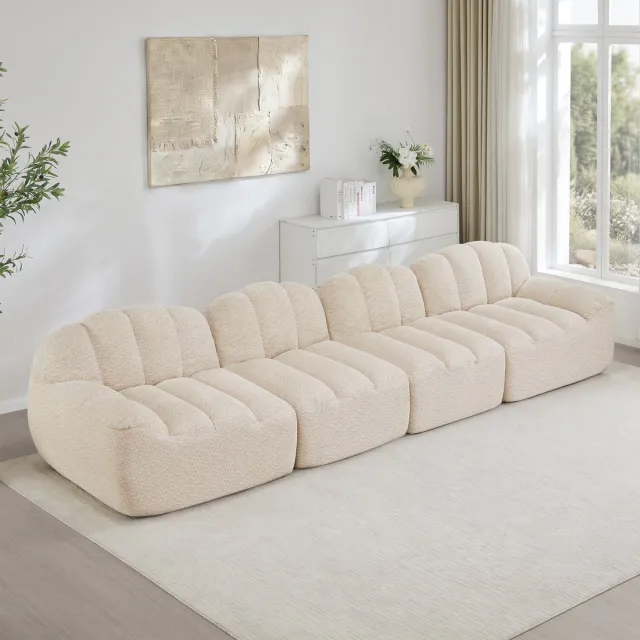 MIVRAY Hoekbank Modulair 4-Zits - Diepe Zitting En Ottomaan - Voor Woonkamer En Appartement - Fleece Beige Wit
