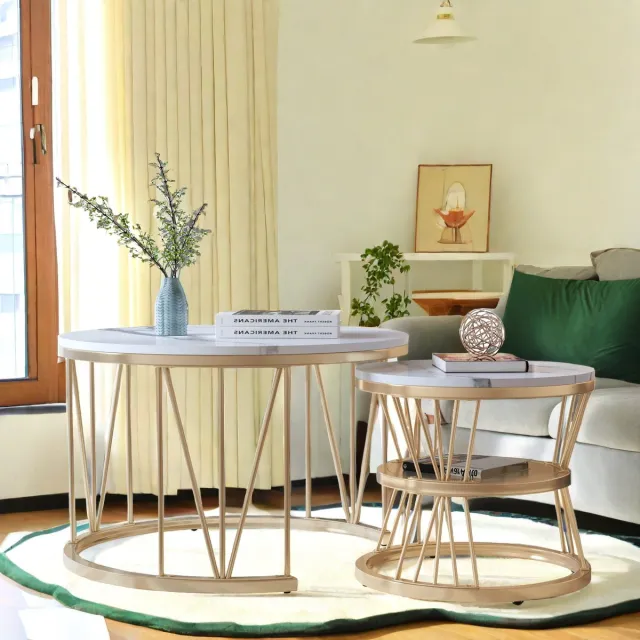 ROSAHQNDA Set van 2 moderne ronde salontafels, stijlvolle bijzettafels met opbergruimte, V-vormig onderstel, modern meubel voor de woonkamer, L 70 x 70 x 44,5 cm, S 45 x 45 x 36,5 cm gouden lijst