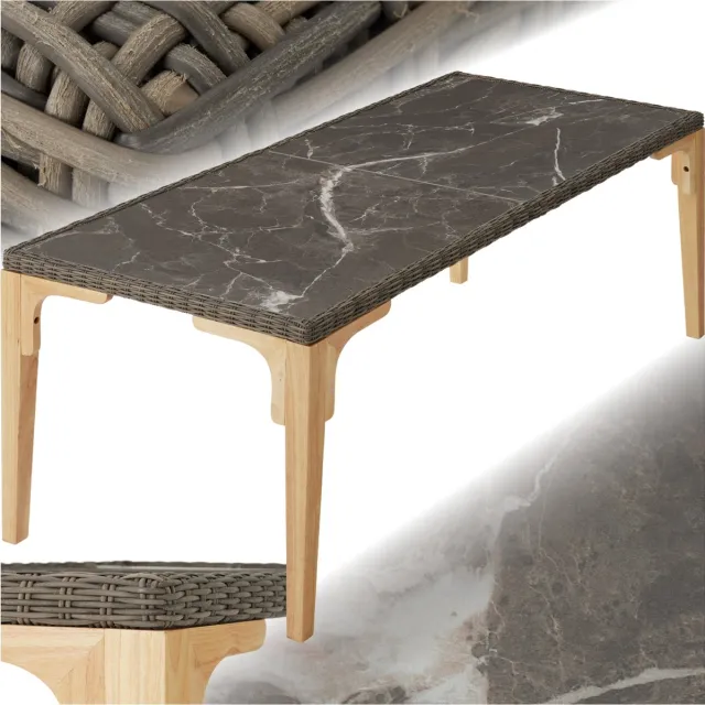 Tectake Wicker vierkante tafel - Tafelblad in marmerlook - Eettafel voor buitenkeuken - Tuintafel - Modern en weerbestendig - Tafelframe van aluminium en hout - Afmetingen (LxBxH) 196 x 87 x 76 cm - Lichtbruin