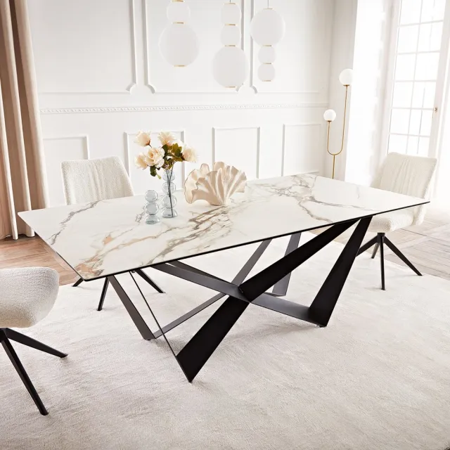 DELIFE Eetkamertafel Edge keramiek Calacatta Luxe wit-goud-grijs 200x100 spider vlak staal zwart Weiß-Gold-Grau