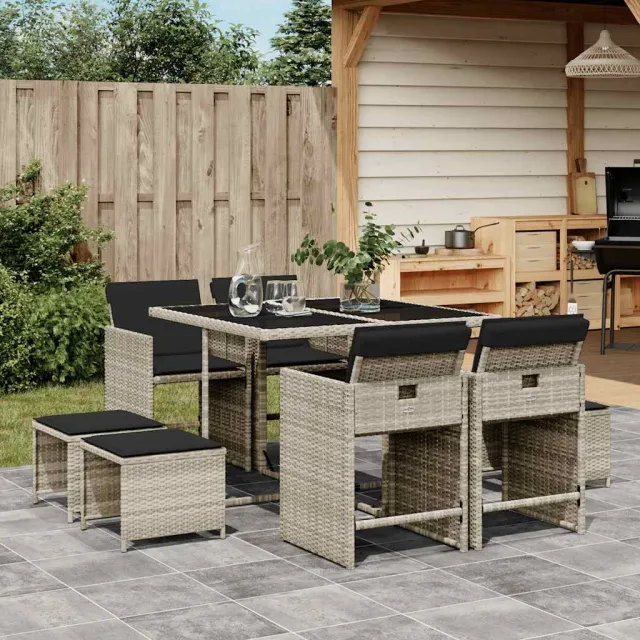 vidaXL 9-delige Tuinset met kussens poly rattan lichtgrijs