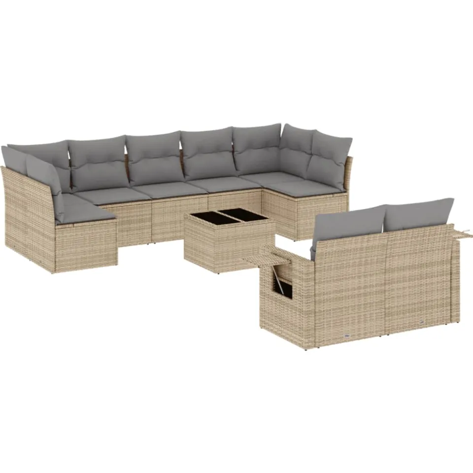 vidaXL 10-delige Loungeset met kussens poly rattan beige, foto 3