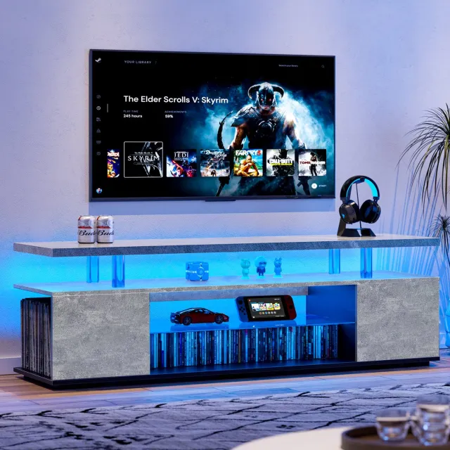 Wishdor Tv-Meubel Met Opbergruimte En Open Vak - Modern - Voor Woonkamer - Bewerkt Hout - Grijs En Zwart Grijs + Zwart