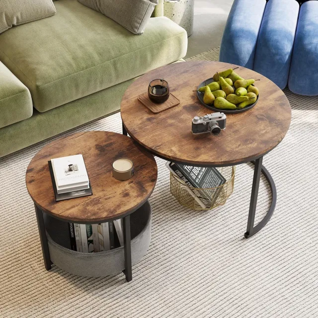 Ibenzoa Ronde industriële salontafel set van 2 met metaal en houten design voor veelzijdig gebruik Bruin