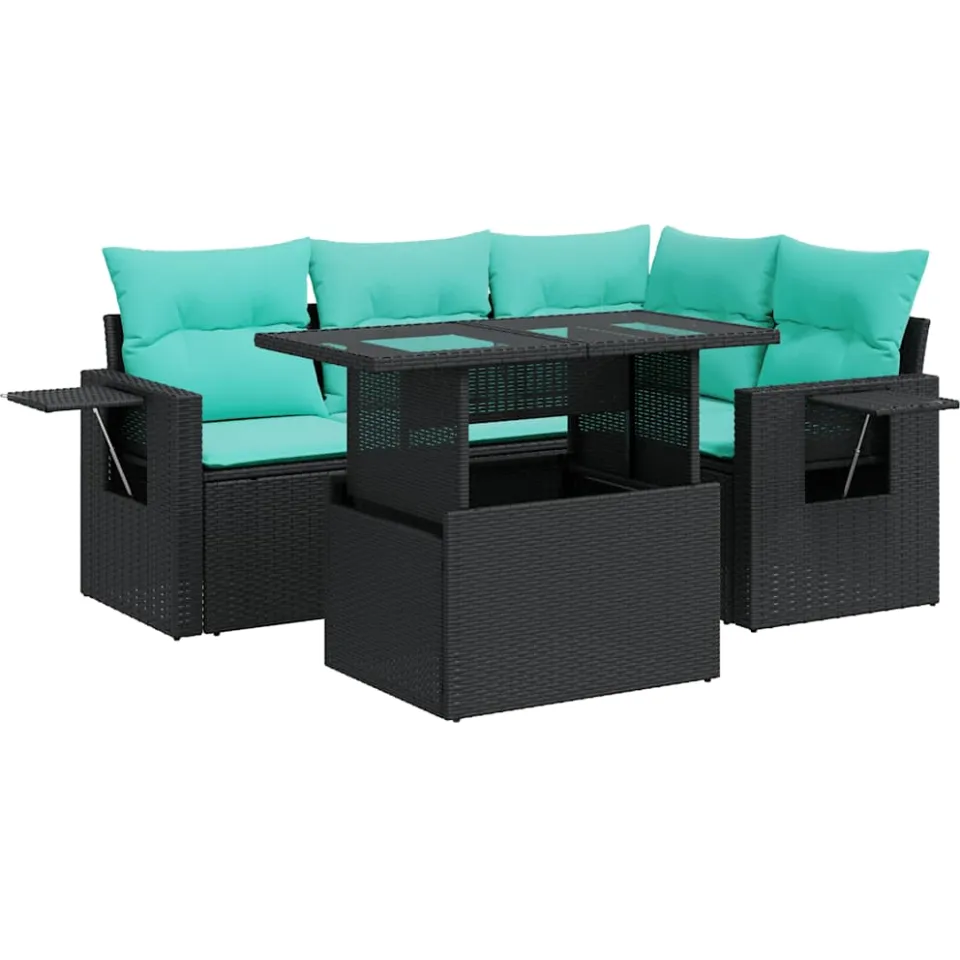 vidaXL 5-delige Loungeset met kussens poly rattan acacia zwart, foto 3