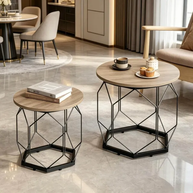MODFU Salontafel - Rond - Modern - Opbergruimte - Houtlook - Grijs