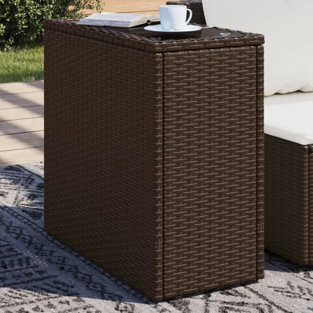 vidaXL Tuinbijzettafel met glazen blad 58x27,5x55 cm poly rattan bruin, foto 2