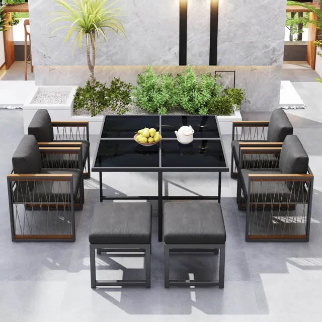 MODFU 7-Delige Tuinset - Met Vier Fauteuils En Twee Voetbanken - Modern - Voor Terras - Metaal, Glas En Polyester - Zwart/Naturel Zwart, natuurlijk