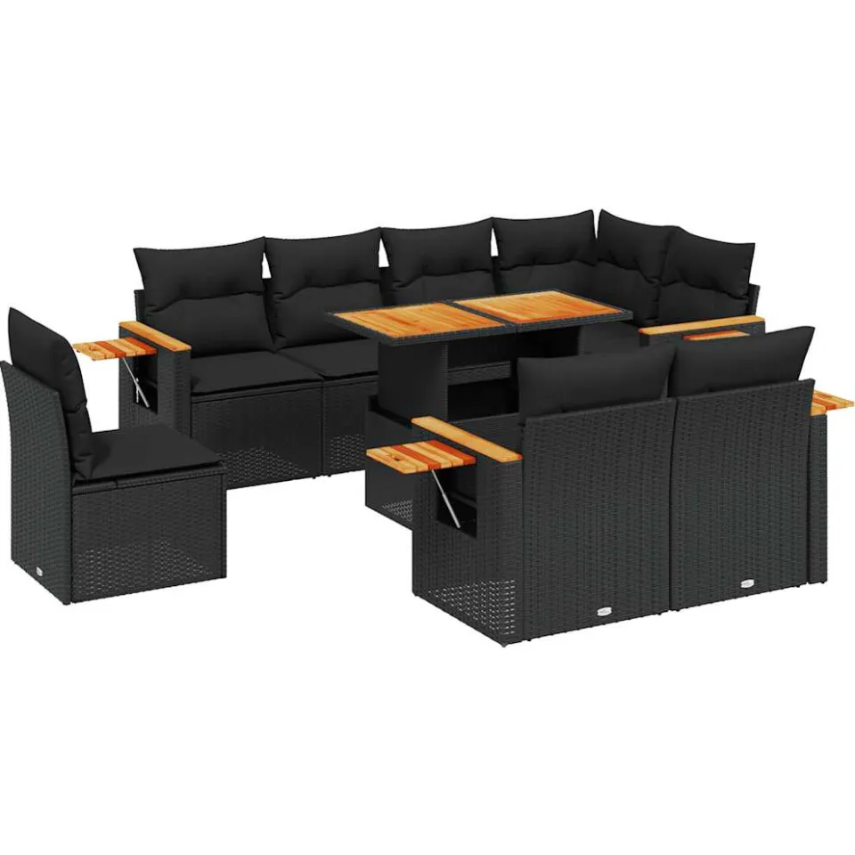 vidaXL 9-delige Loungeset met kussens poly rattan zwart, foto 3