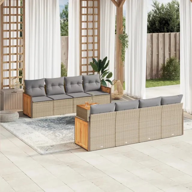 vidaXL 9-delige Loungeset met kussens poly rattan beige, foto 2