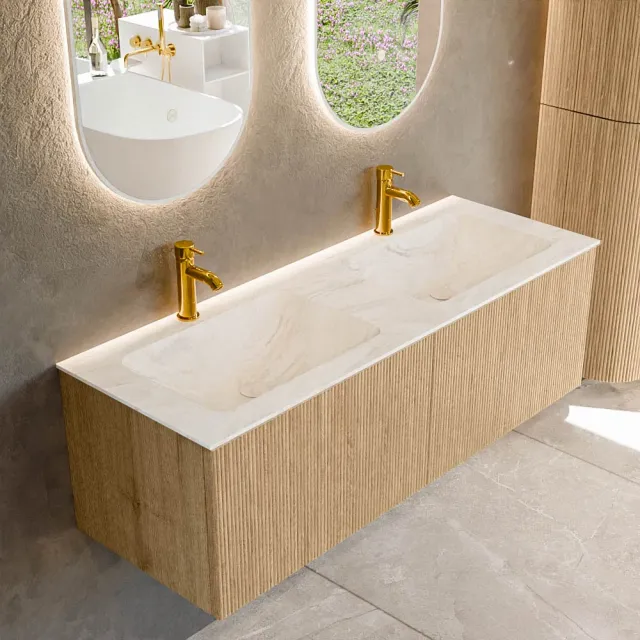 Mondiaz KURVE-DLUX 130 cm Onderkast Greeploos 2 Lades Zonder Deuren Oak, Wastafel Solid Surface Dubbel Ostra 2 Kraangaten Zonder Spiegel (KRVLEA1302L0D2KD-Oak/Ost)