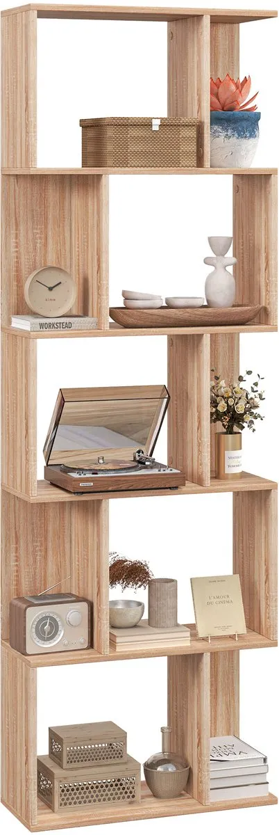 Homcom Boekenplank - Spaanplaat - 60x24x184,5cm - Natuurlijk Hout Natuurlijk houteffect