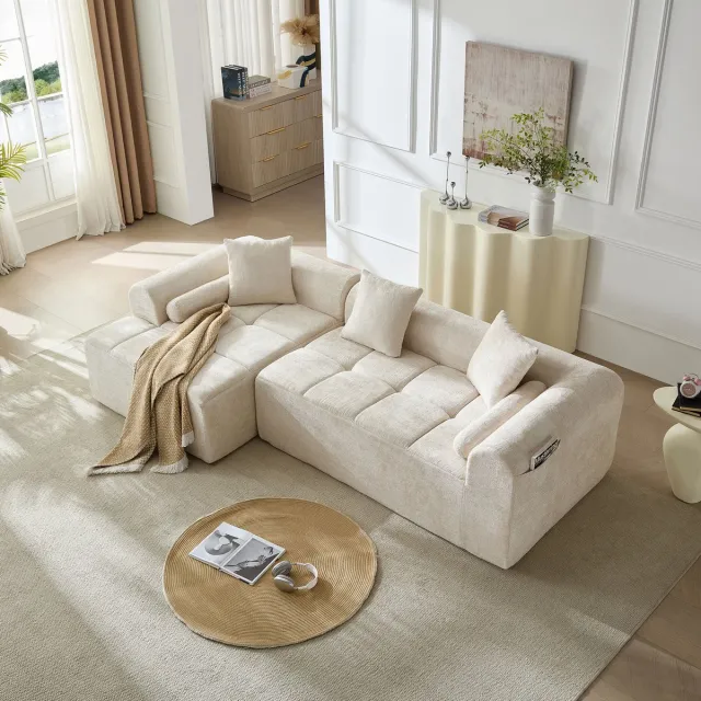 Vankel Chenille hoekbank L-vormig - Moderne loungebank met chaise longue - 2-3 zitsbank - Gewatteerd vierkant design - Luxe woonkamerbank - Beige