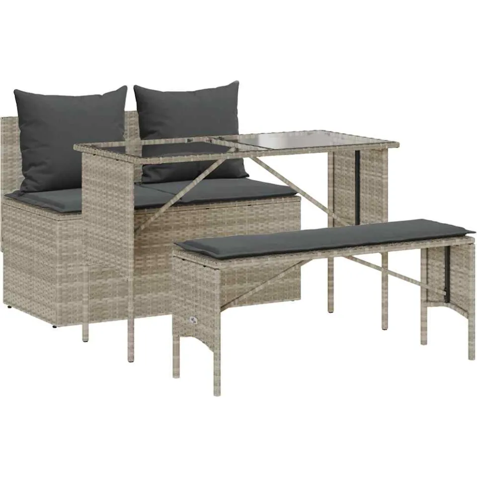 vidaXL 3-delige Tuinset met kussens poly rattan lichtgrijs