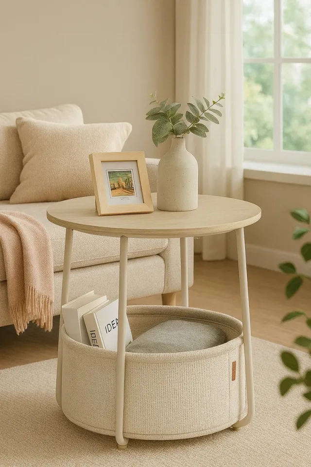 Bobbel Home Ronde salontafel - Bijzettafel - Met stoffen mand - Opbergruimte - Moderne tafel, Crèmewit