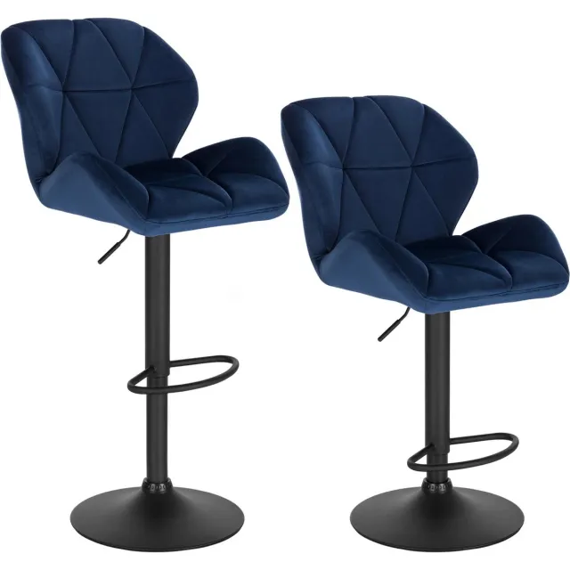 BukkitBow Luxe Barkrukken Velvet Met Rugleuning en Mini Armleuning - Draaibaar en met Voetensteun - (60 - 82CM Zithoogte) - Blauw