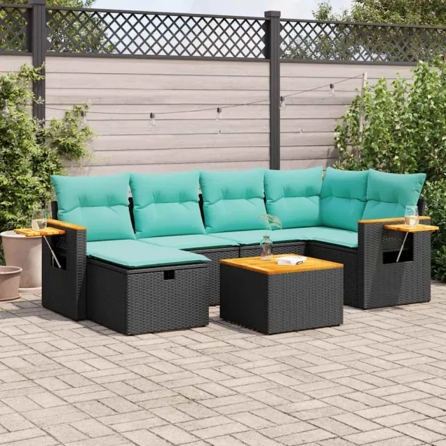 vidaXL 7-delige Loungeset met kussens poly rattan zwart, foto 2