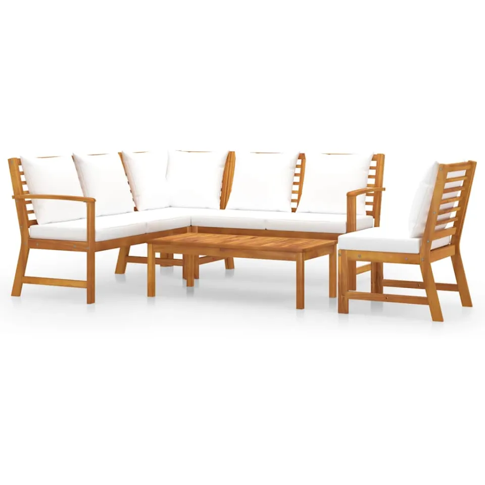 vidaXL 5-delige Loungeset met kussens massief acaciahout crème, foto 3