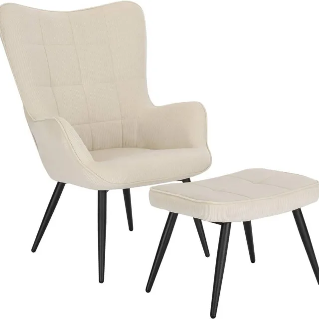 Bolt Edge Fauteuil - Beige Corduroy - Met Hocker - Armleuning - Woonkamer