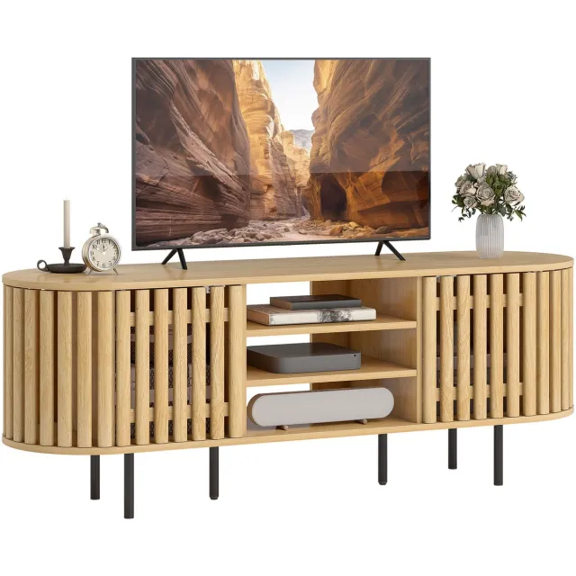 ECTEATOY TV-Meubel - TV-Kast voor Televisies tot 60 Inch - Met 2 Lattendeuren en Open Vakken - 140 x 40 x 52 cm - Natuurlijk Hout