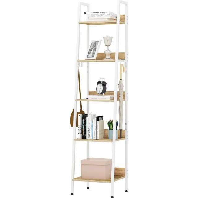 BukkitBow Moderne Smalle Boekenkast met Metalen Frame en Hout - 4 Planken met Achterwand - Geschikt voor Decoratie in de Woonkamer - 34X40X170CM - Wit met Licht Eikenhout