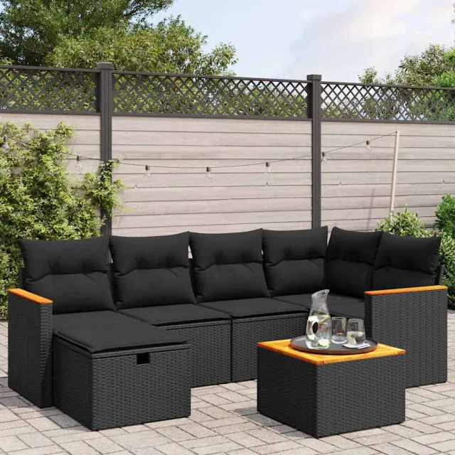 vidaXL 7-delige Loungeset met kussens poly rattan zwart, foto 2