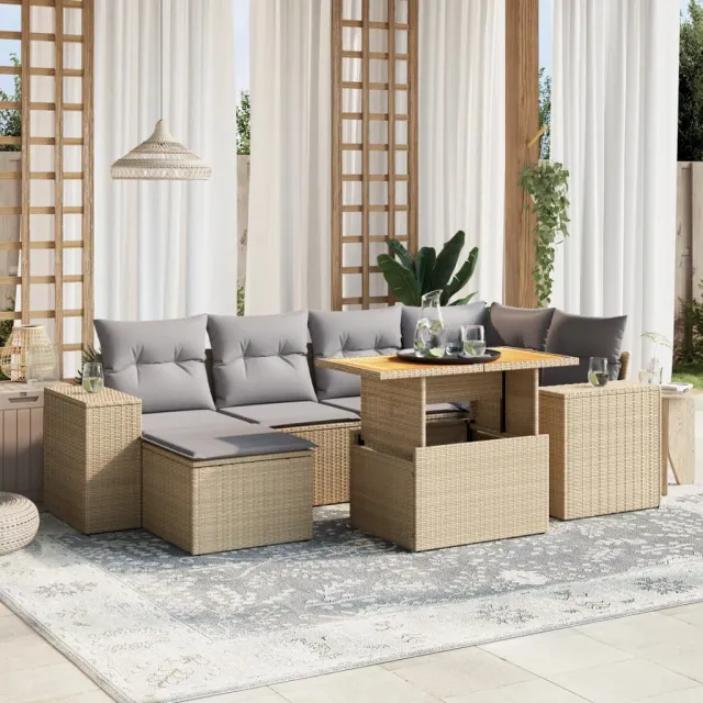 vidaXL 7-delige Loungeset met kussens poly rattan beige, foto 2