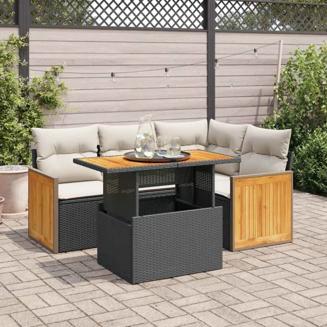 vidaXL 5-delige Loungeset met kussens poly rattan acacia zwart, foto 2