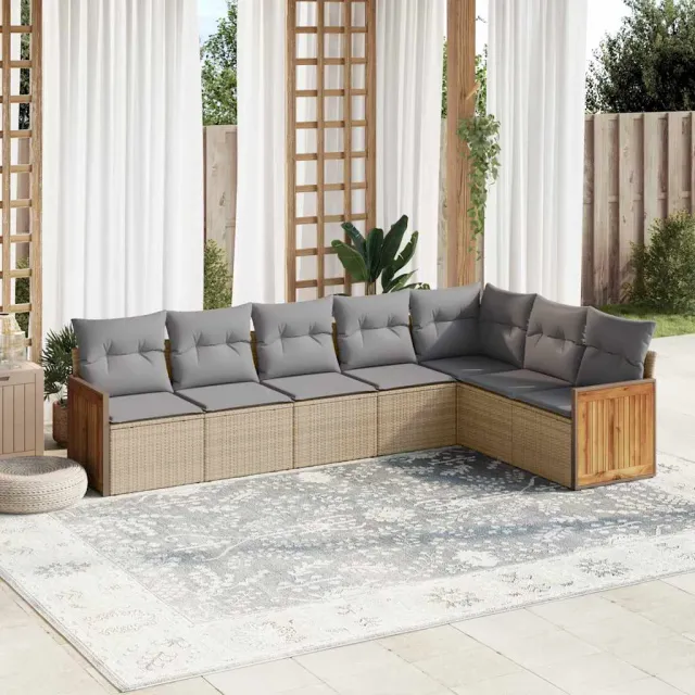 vidaXL 7-delige Loungeset met kussens poly rattan beige, foto 2