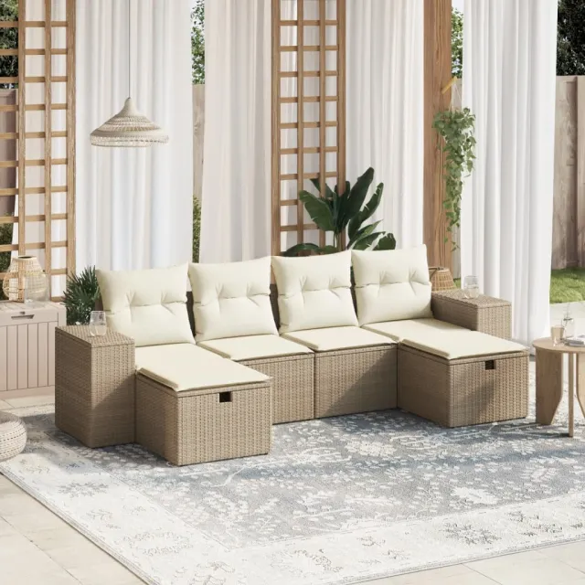 vidaXL 6-delige Loungeset met kussens poly rattan beige, foto 2