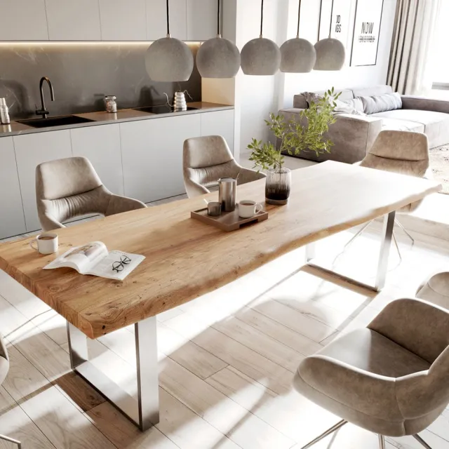 DELIFE Eettafel Edge acacia natuur 280x100 XL edelstaal smal Live-Edge Bruin
