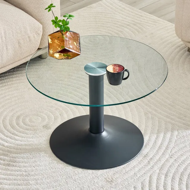 MODENUIT Salontafel - Ronde Glasplaat - Woonkamer En Bijzetgebruik - Metaal En Glas - Zwart - 70 Cm
